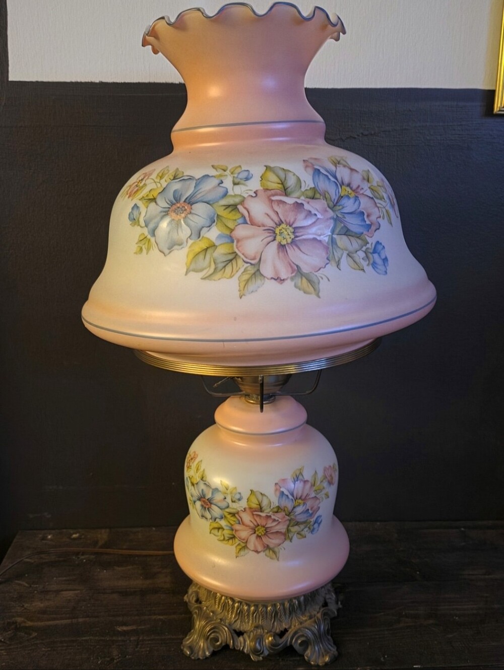 VINTAGE Large Pink Floral Parlor Hurricane Lamp  26"H Gone with the Wind